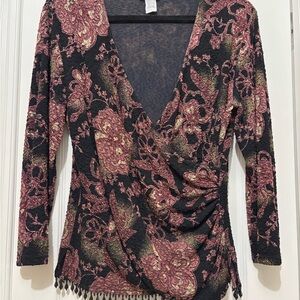 Vintage Metallic Long-Sleeve Wrap Top with Beaded Hem